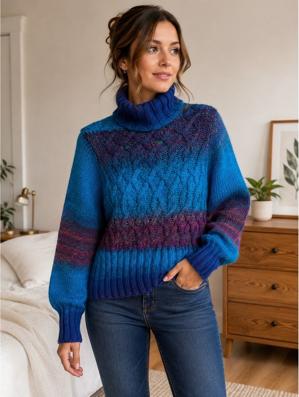 Ramy Brook Multicolor Cable Knit Turtleneck Sweater Women’s Medium Blue Purple